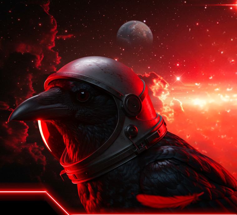 Corvo com capacete espacial — símbolo da Qorvo