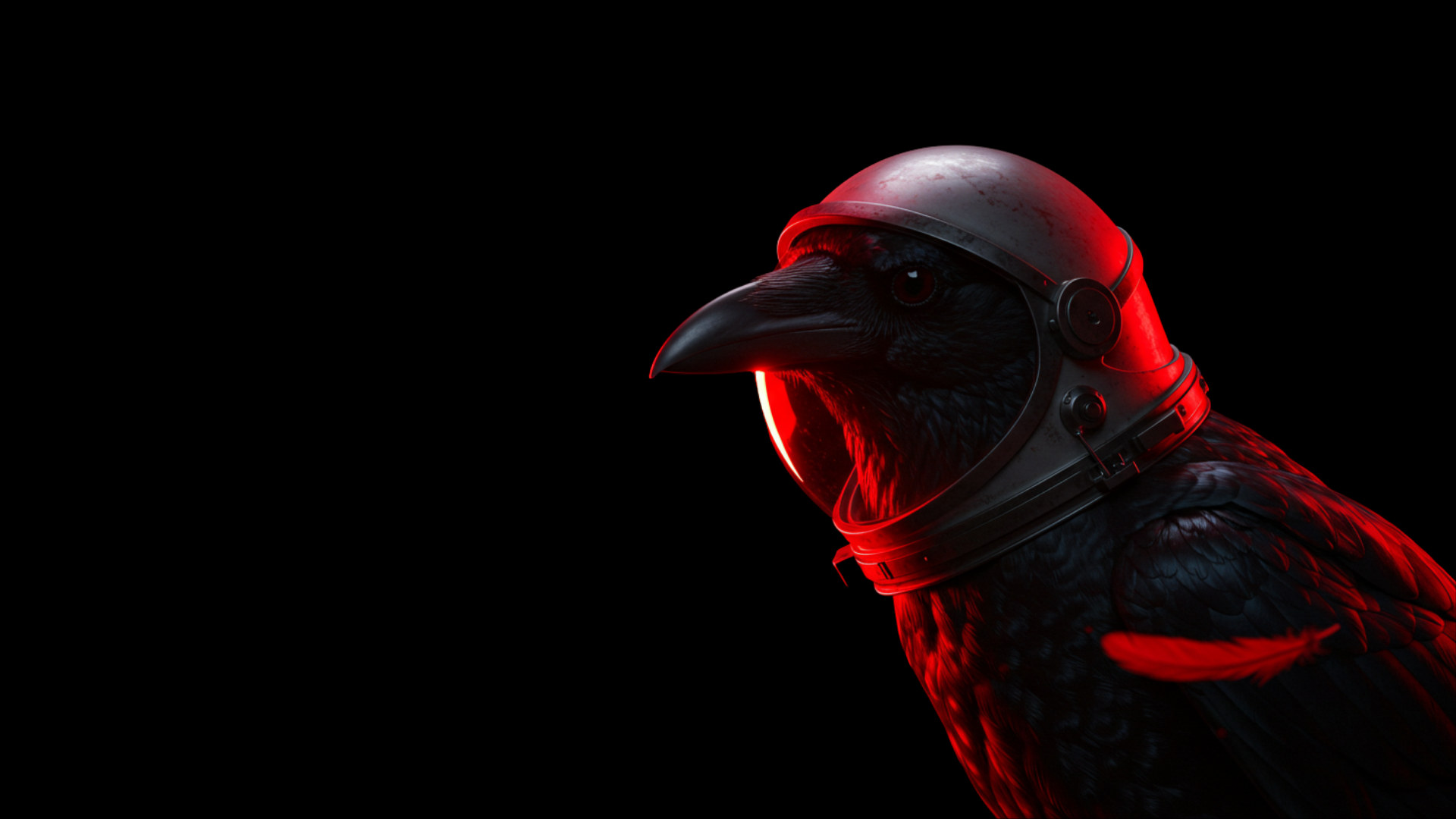 Corvo com capacete espacial sobre nebulosa vermelha
