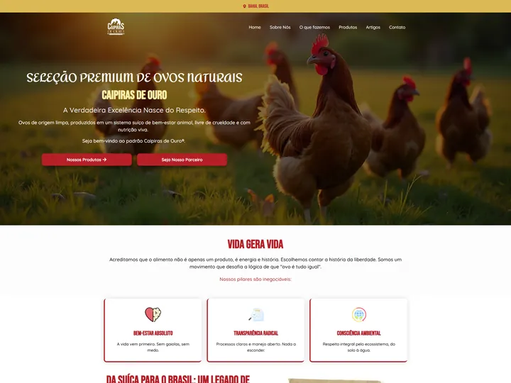 Site institucional Caipiras de Ouro, sobre ovos de galinhas criadas em sistema de bem-estar animal