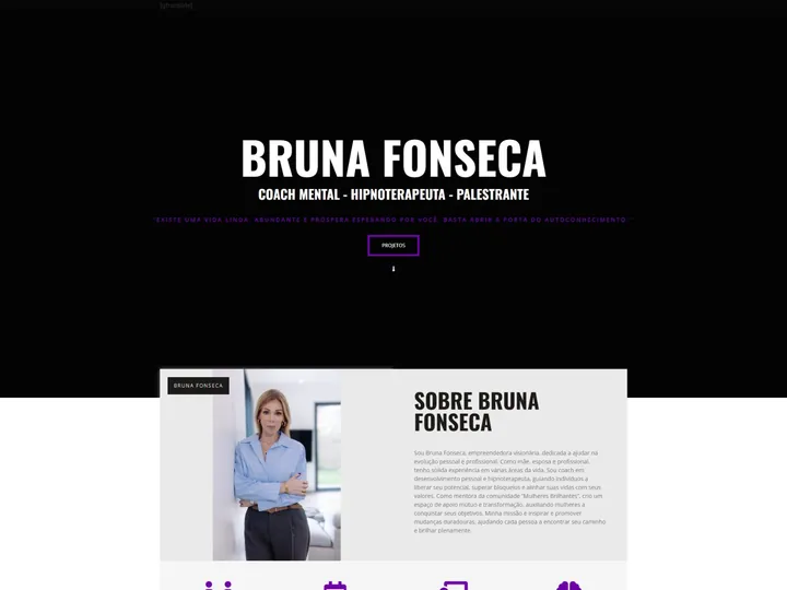 Site da coach e hipnoterapeuta Bruna Fonseca, com seções de comunidade, palestras e sessões