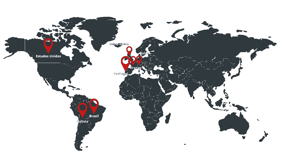 Mapa-múndi com marcações em Brasil, Bolívia, Estados Unidos, Portugal, França, Suíça e Reino Unido